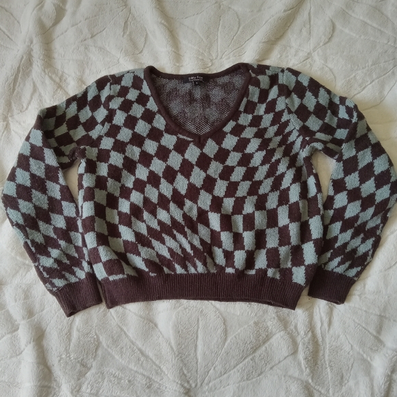 Witty Fox Checkered V-Neck Sweater - Brown and Teal Slightly Cropped - Picture 1 of 2